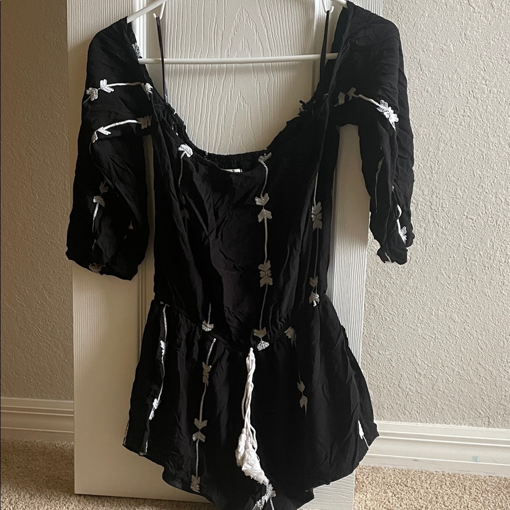 Black Romper with White Floral Embroidery